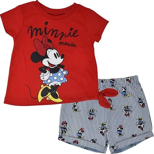 Disney Minnie Mouse Rainbow Floral T-Shirt and Chambray Shorts Outfit Set Infant to Big Kid Sizes (12 Months - 14-16)