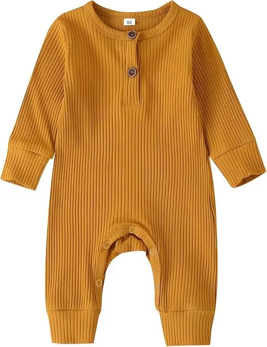 Newborn Baby Boy Girl Romper Infant Long Sleeve Solid Ribbed Button Clothes Bodysuit Jumpsuit