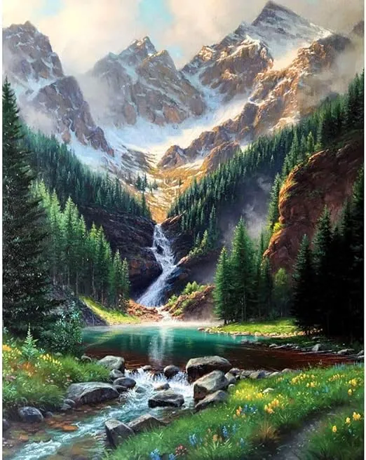 Paint by Number Mountains waterfall DIY Painting On Canvas, Paintwork with Paintbrushes Acrylic Paints,Perfect for Paint by Numbers for Adults and Kids Students Beginner, for Home Wall Decor16x20 Inch