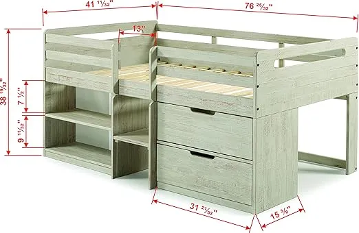 Donco Kids Twin Low Loft Bed with Bookcase and Storage Chest, Twin, Rustic Light Grey