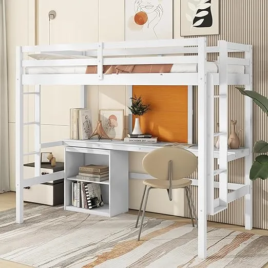 Bellemave Twin Size Loft Bed with Desk and Writing Board,Solid Wood Twin Loft Bed Frame with 2 Drawers Cabinet and Safety Guardrail for Kids Teens Adults,Bedroom,White