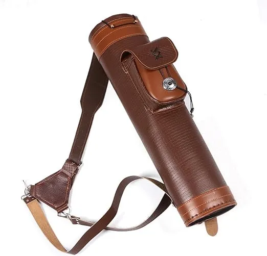 TOPARCHERY Traditional Shoulder Back Quiver Bow Leather Arrow Holder with Large Pouch Handmade Straps Belt Bag Brown