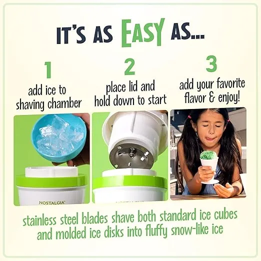 Nostalgia ESHVICE2HSI Electric Shave Maker Tabletop Snow Slushie Machine-2 Ice Mold Bowls & 1 Reusable Plastic Cone, 6.3x6.5x13.23, Green & White