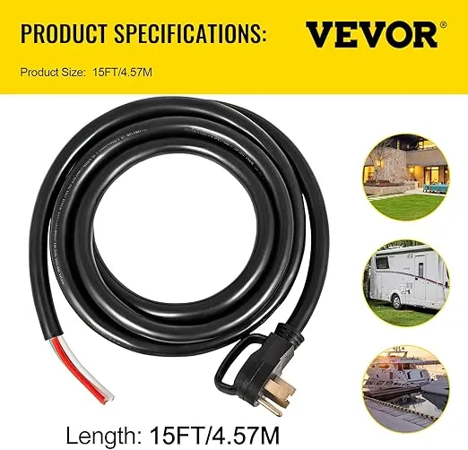 VEVOR 15 FT 50 Amp Generator Extension Cord 4 Wire 6 Gauge STW 6/3+8/1, 125V 250V Generator Power Cord N14-50P & SS2-50R with Portable Handle