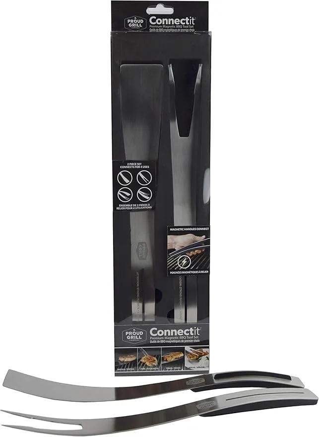 Proud Grill Connect it Magnetic BBQ Tool Set - 2 BBQ Tools - 4 Uses | Elegant Stainless Steel Design| Spatula and Fork Connect to use as Tongs and Server | Premium BBQ Utensil and Grill Accessory