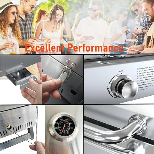 Portable Propane Gas Grill 2-Burner Tabletop with Foldable Legs for Outdoor Camping Cooking Two 10,000 BTU Burners Stainless Steel, and Built-in Thermometer Chef's Style