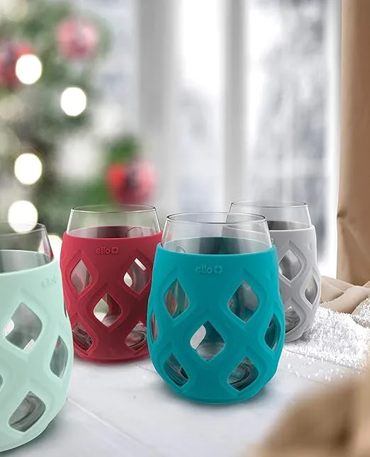 Ello Cru 17oz Stemless Wine Glass Set with Protective Silicone Sleeves, Dishwasher Safe, Cocktail Glass Pack Perfect for Summer Patios and Parties Festive Fun Holiday Gift for Women Men Her Him
