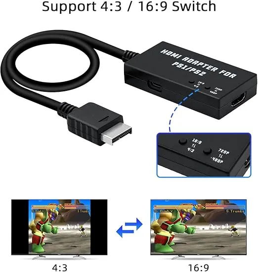 Mcbazel HDMI Adapter for PS2/PS1, PS1/PS2 to HDMI Adapter Converter Support 4:3/16:9 Screen Aspect Rtio Switch and Switching 480p/720p Resolution