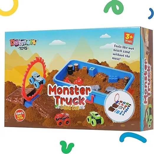 Dazmers Monster Truck Sand Play Set Sensory Kit, Sensory Bins with Lid, 2 Lbs of Sand, Jumps, Crushed Cars and Trucks, Indoor Sensory Bin for 3-4, 5 Year Old, Toddlers Sand Table