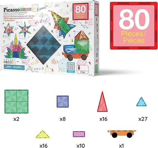 PicassoTiles 80 Pieces Magnetic Building Tiles Magnet Toys Diamond Educational Playset for STEM Sensory Gifts Kid Brain Development Stacking Blocks Construction Set