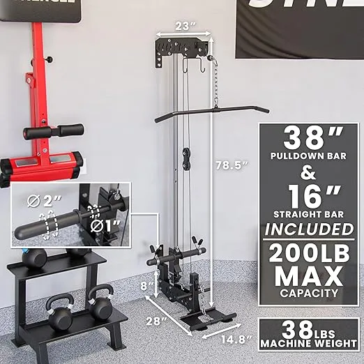 Synergee LAT Pull Down and LAT Row Cable Machine with Flip-Up Footplate, High and Low Pulley Station for 1” and 2” Plates. Home Gym Exercise Weight Machine.
