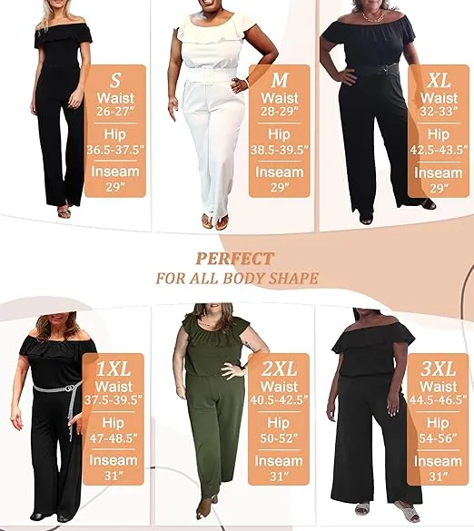 Hybrid & Company Women Casual Off Shoulder High Waist Pants Romper Wide Leg Jumpsuit