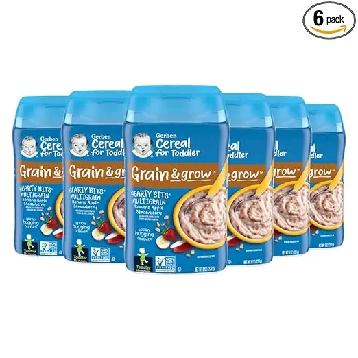 Gerber Cereal for Toddler Grain and Grow, Hearty Bits Multigrain Baby Cereal, Banana Apple Strawberry, 8 oz Canister (6 Pack)