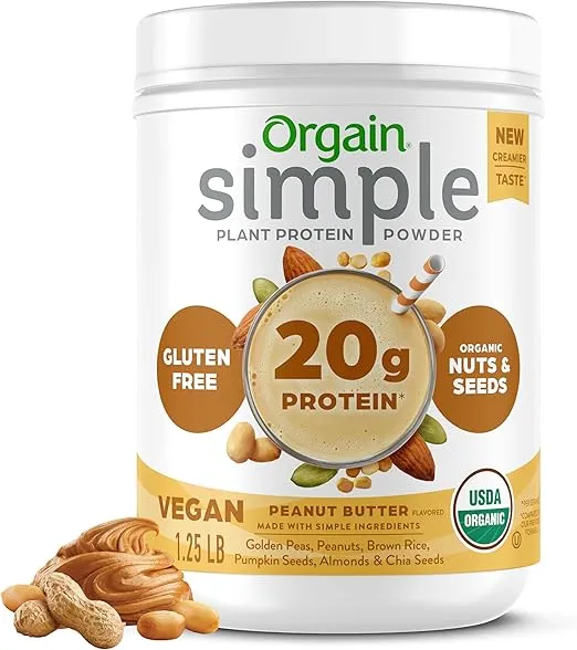Orgain Organic Simple Vegan Protein Powder, Peanut Butter - 20g Plant Based Protein, With less Ingredients, No Artificial Sweeteners, Gluten Free, No Lactose Ingredients, 1.25 lb (Packaging May Vary)