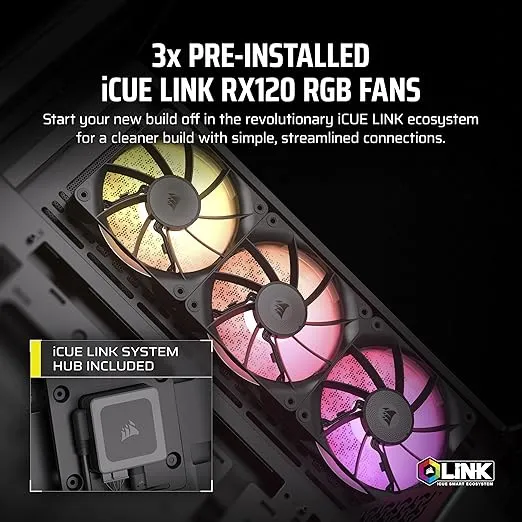 CORSAIR iCUE Link 3500X RGB Mid-Tower ATX PC Case – Panoramic Tempered Glass – Reverse Connection Motherboard Compatible – 3X CORSAIR iCUE Link RX120 RGB Fans Included – Black