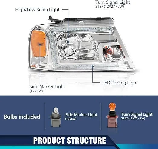 PIT66 LED DRL Headlights Assembly Halogen Compatible with Ford F150 2004-2008 /Fit Lincoln Mark LT 2006-2008 HeadLamps Clear Lens Chrome Housing Amber Reflector FO2503247, FO2502247