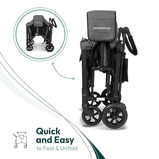 WONDERFOLD W2 Original+ Stroller Wagon (2 Seater) - Collapsible Wagon Stroller with Seats with 5-Point Harnesses, Easy-Access Door, and Adjustable Sun Canopy, Charcoal Gray