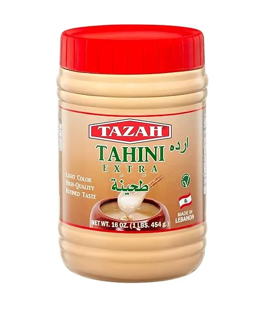TAZAH Tahini Paste for Hummus Baba Ganoush 16oz - 1lb Natural Stone Ground Lebanese Sesame Paste Vegan Cholesterol-Free No Preservatives Perfect for Delicious Middle Eastern Dishes