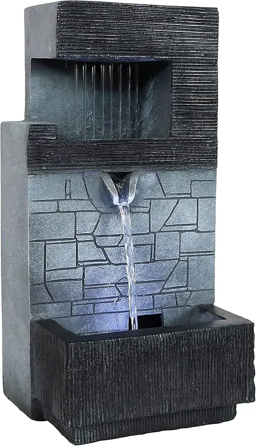 Sunnydaze Tiered Brick Wall 13-Inch Tabletop Fountain with LED Light - Electric Submersible Pump with Adjustable Flow