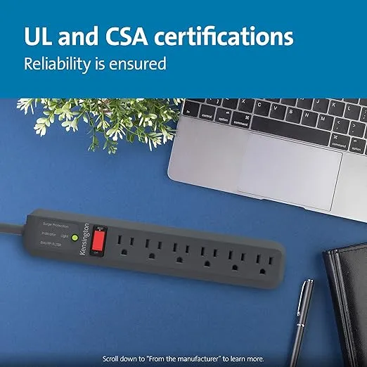 Kensington Guardian 6 Outlet Power Strip, 15ft Surge Protector, 15-Foot Cord, 540 Joules, Black(K38215NA)