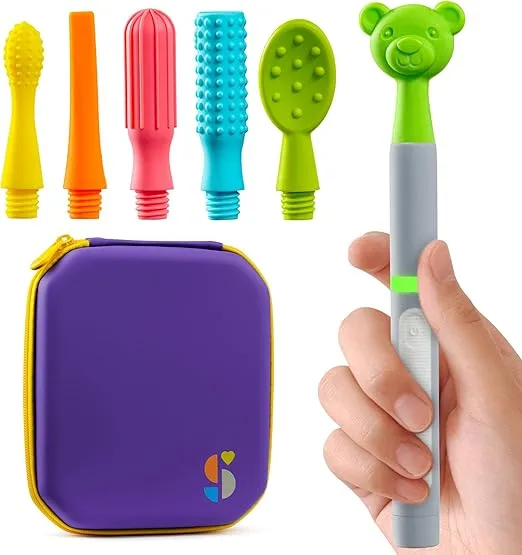 Special Supplies Buzz Buddy Oral Motor Stimulation kit with 6 Soft Textured Interchangeable Heads, Calm Sensory Needs, Support Speech, and Stimulate Self Feeding, Gentle Vibrations (Grey)