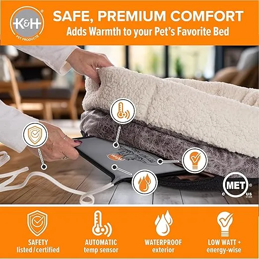 K&H Pet Products Pet Bed Warmer, Turn Any Cat or Dog Bed Into a Heated Cat or Dog Bed, Waterproof Heated Pad to Insert Inside Indoor Cat and Dog Beds - Gray X-Large