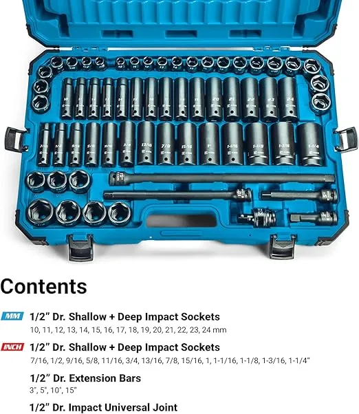Capri Tools 1/2-Inch Drive Deep Impact Socket Set with Adapters and Extensions, Chrome Molybdenum, Master Set Metric and SAE, Manganese Phosphate, 63-Piece