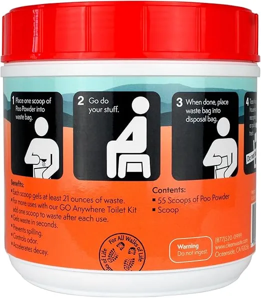 Cleanwaste Portable Mini Poo Powder Deodorizing Waste Treatment - 55 Scoops - Pee and Poop Gelling Powder for Camping, Travel, Emergencies