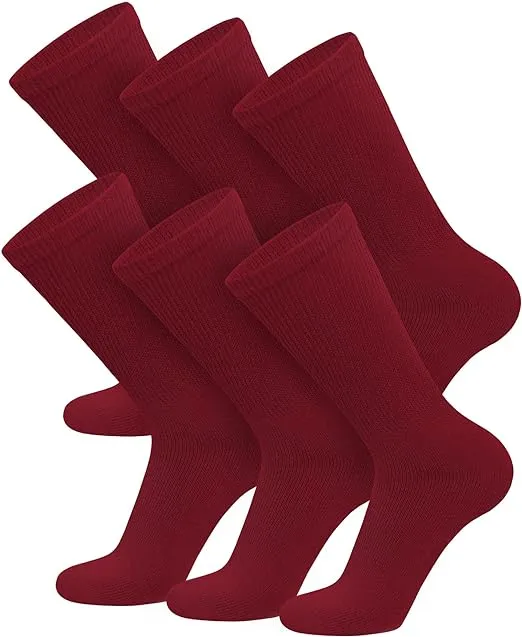 6 Pairs of Cotton Diabetic Non-Binding Neuropathy Crew Socks (Red, Fits Mens Shoe Size 8-10/Womens shoe size 9-11)