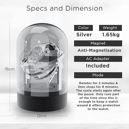 Orbit Watch Winder - Single Watch Winders for Automatic Watches and Mechanical Watch Winder for Rolex Watch Winder Box Gyro Gyroscope Clear Transparent