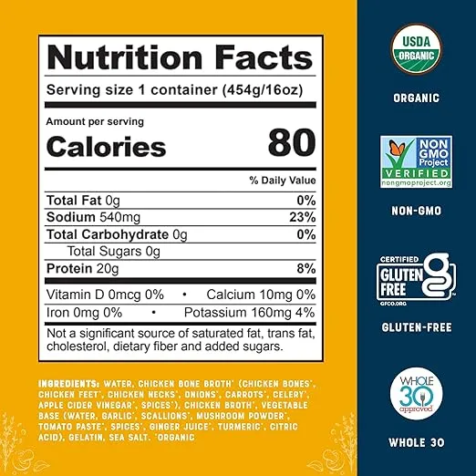 Bare Bones Organic Chicken Bone Broth | Pasture Raised Protein & Collagen Rich Broth for Cooking & Sipping | No Artificial Flavors Non-GMO Gluten-Free Dairy-Free Keto & Paleo Friendly | 16oz