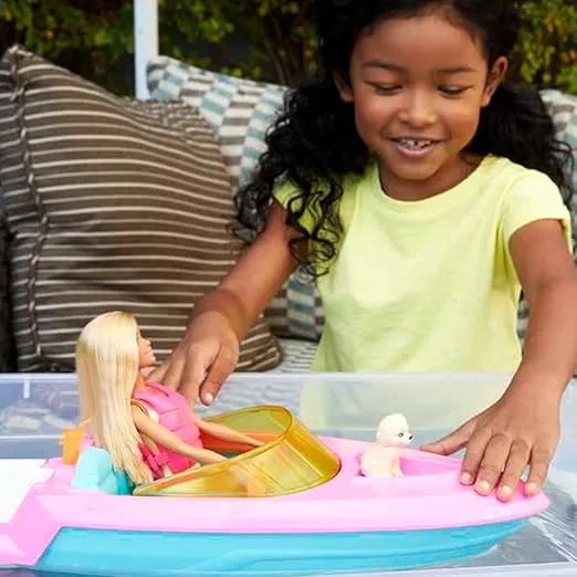 Barbie Doll & Toy Boat Playset with Pet Puppy, Life Vest & Beverage Accessories, Fits 3 Dolls & Floats in Water