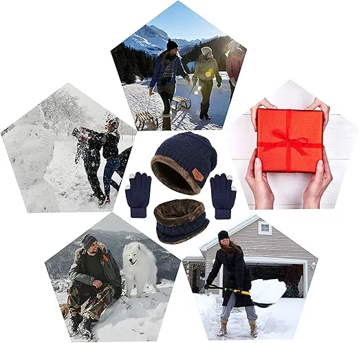 Winter Knit Beanie Hat Neck Warmer Gloves Set, Fleece Lined Skull Cap Infinity Scarves Touch Screen Mittens for Men Women