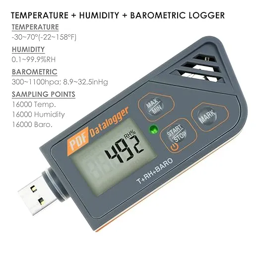 USB Temperature Data Logger Recorder for Temperature Humidity and Atmospheric Pressure, IP65 Waterproof Temperature Logger with PDF and CSV Reports High Accuracy