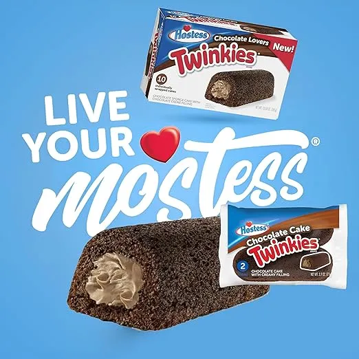 Hostess Chocolate Cake Twinkies, 10-Count Individually Wrapped Chocolate Sponge Cake Snack with Creamy Filling, Mini Cakes for On-The-Go Snacking, Lunchboxes, Parties, Goodie Bag Filler