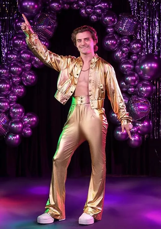Adult Disco Suit Outfit Mens, Retro Golden 70's Dance Halloween Costume X-Small