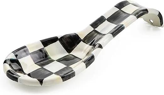 MACKENZIE-CHILDS Enamel Spoon Rest, Kitchen Utensil Rest and Spoon Holder, Kitchen Decor, Black-and-White Courtly Check
