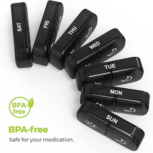 AUVON XL Weekly Pill Organizer 2 Times a Day, Pill Box 7 Day with One-Side Large Openings for Easy to Use, Black Privacy Protection AM PM Pill Case for Medication, Vitamins, Fish Oils, Supplements