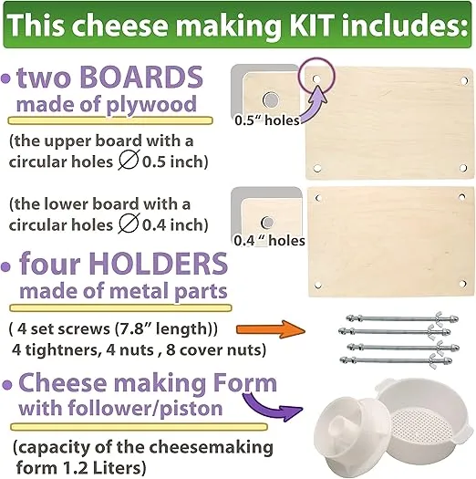 PetriStor Wooden Cheese Press for Cheese Making Supplies 12 in Metal Guides and Cheese Mold with Follower Piston 1.3Qt - Small Home Supply Cheese Press Machine - Prensa Para Queso Casero