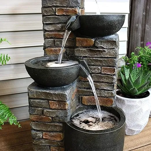 Sunnydaze Staggered Bowls 34-Inch Outdoor Water Fountain - LED Lights -Electric Submersible Pump with Adjustable Flow
