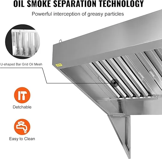 VEVOR Commercial Exhaust Hood, 7FT Food Truck Hood Exhaust, 201 Stainless Steel Concession Trailer Hood with 3 Detachable U-shaped Grid Oil Filter Mesh, Rust Resistant Vent Hood for Kitchen Restaurant