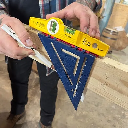 Double-Sided Rafter Square, Metal Strip for Level, Folds Flat, Red White and Blue, Tool for Carpenters and Framers - Made in The USA