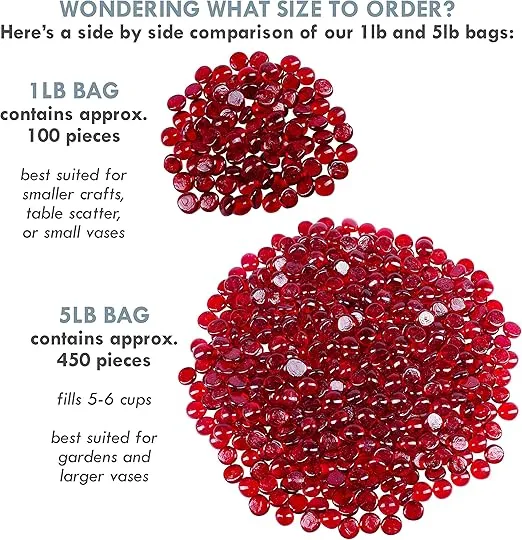 Galashield Red Flat Glass Marbles for Vases Glass Gems Beads Pebbles Vase Filler (1 LB, Approx. 100 PCS)