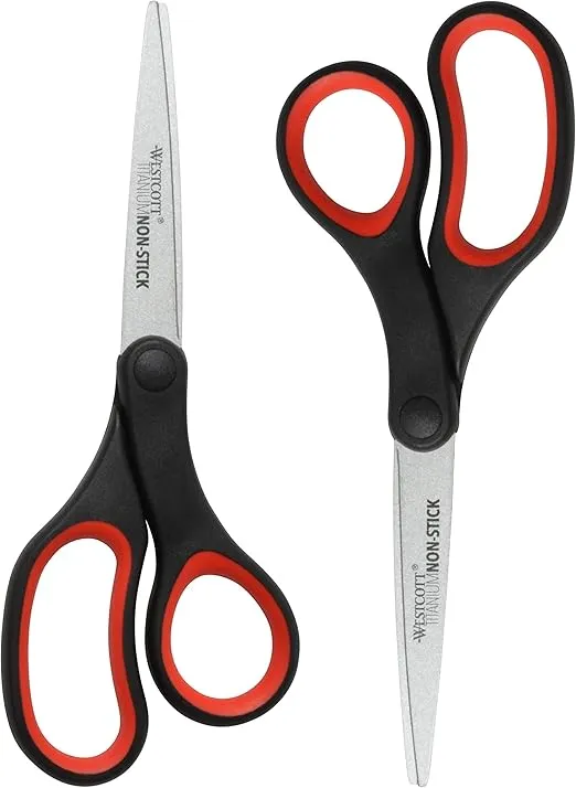 Westcott 8" Titanium Non-Stick Scissors, 2-Pack, Black and Red