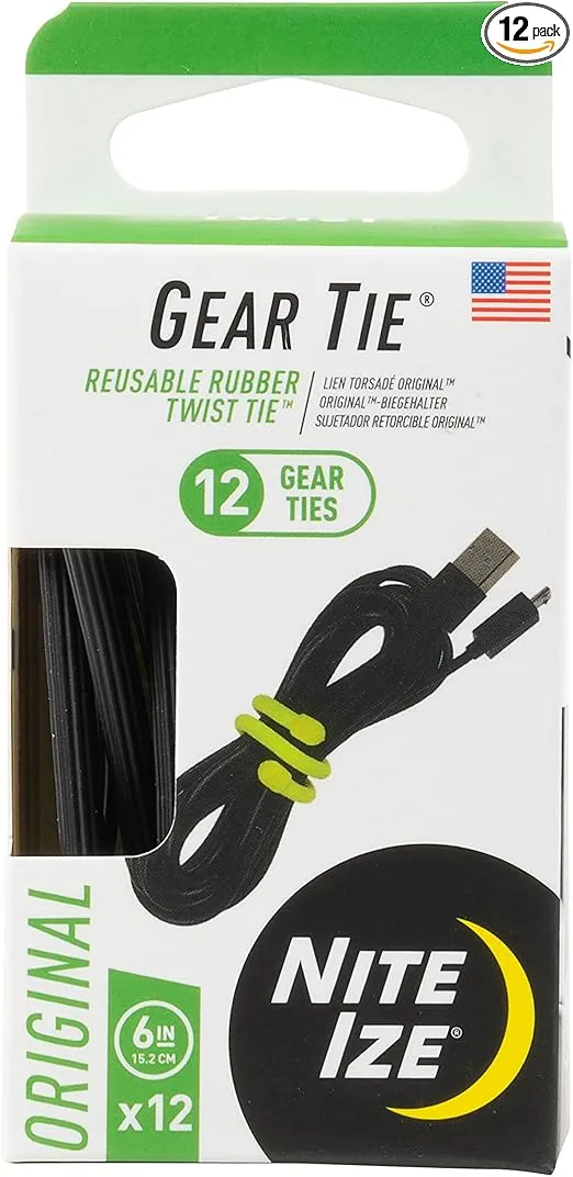 Nite Ize Original Gear Tie - 6-Inch Reusable Rubber Twist Tie - Reusable Gear Ties - Electric Cord Organizers - Twist Ties for Cords - Reusable Zip Ties - Black, 6-Inch, 12 Pack