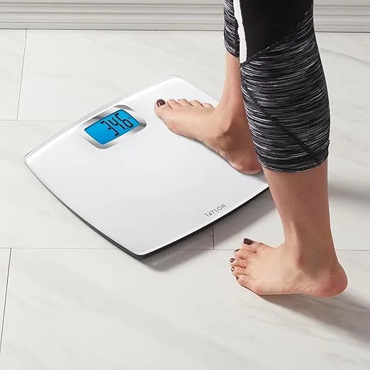 Taylor Digital Scales for Body Weight, Extra High Accurate 440 LB Capacity, Unique Blue LCD, Bright White Finish Extra LargePlatform, 12.2 x 13.5 Inches, White