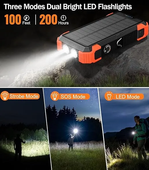 GOODaaa Power Bank Portable Charger 42800mAh Built in 4 Cables and Thermometer 15W Fast Charging Power Bank Five Outputs Three Inputs Solar Charger Power Bank, SOS/Strobe/Strong Flashlights, Carabiner