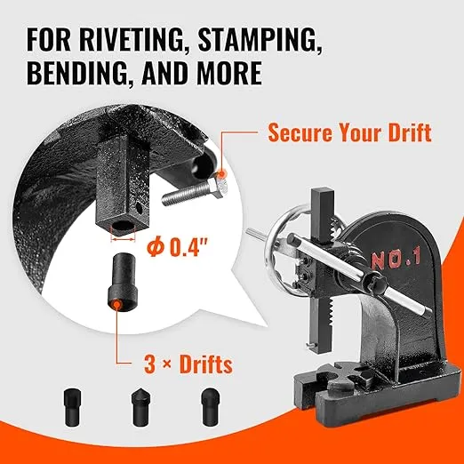 VEVOR Arbor Press, 1 Ton Manual Arbor Press with Handwheel, 5.9" Maximum Height, Cast Iron Heavy-duty Manual Desktop Arbor Press, Precision Hand Press for Stamping, Bending, Stretching, Forming