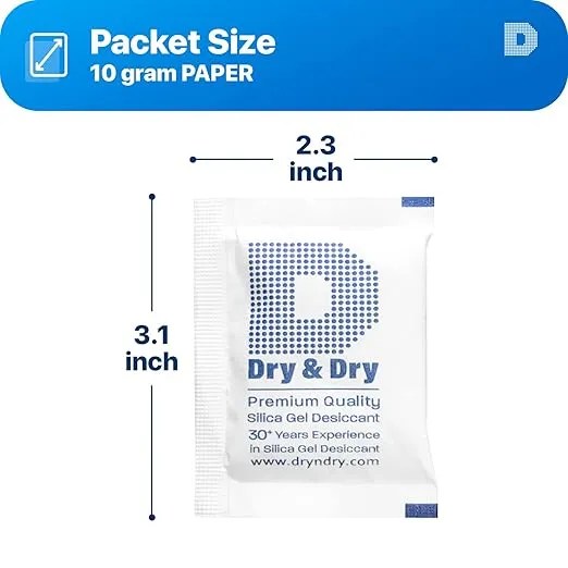 Dry & Dry 10 Gram [50 Packets] Silica Gel Packets Silica Gel Desiccants, Silica Gel Packs - Rechargeable (Food Safe) Silica Gel Packets, Silica Packets