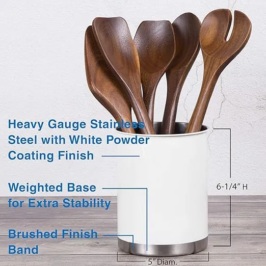 Creative Home Heavy Gauge Weighted Base Stainless Steel Tool Crock Utensil Holder Flatware Organizer, Large, 5" Diam. x 6.3" H (White)